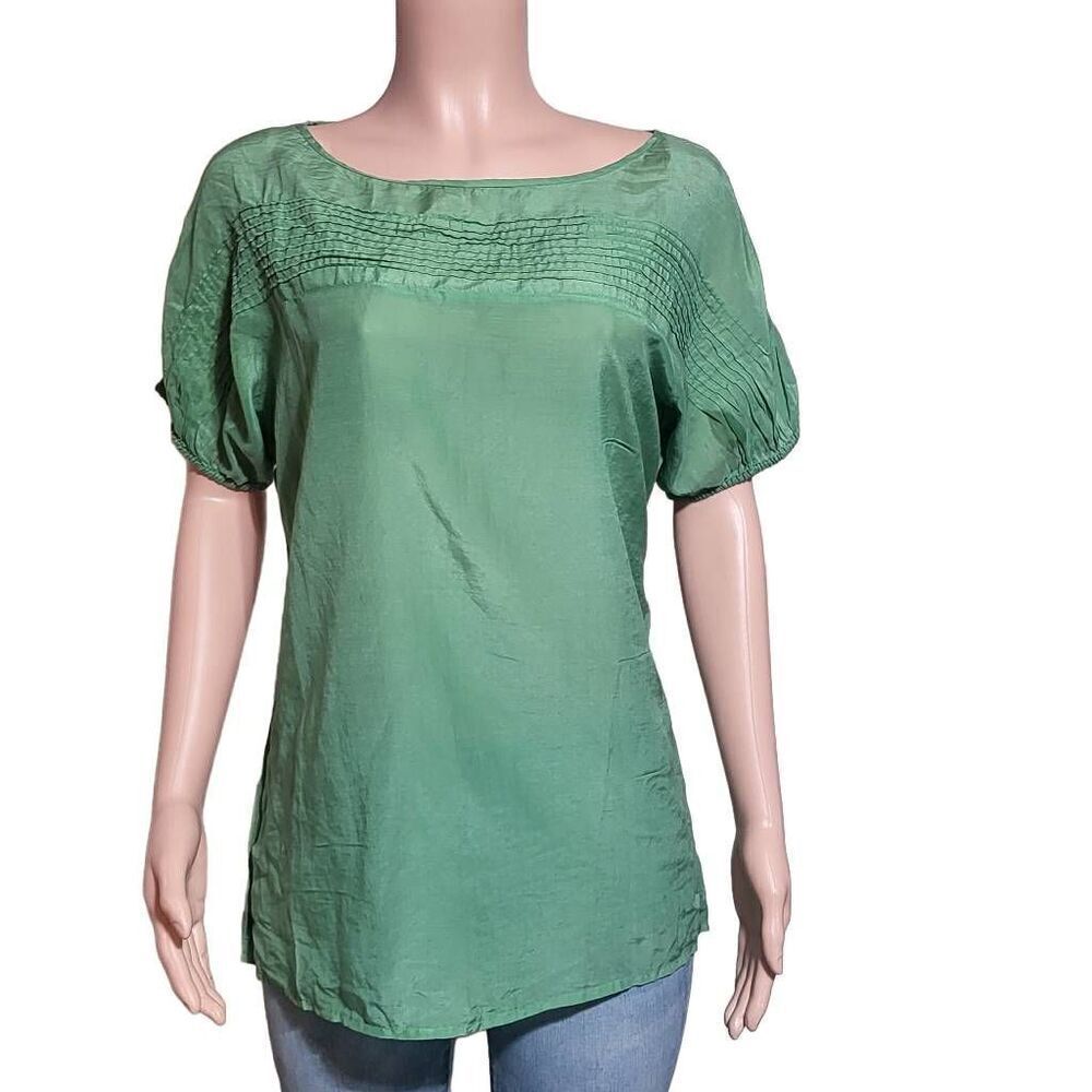 Pulp short sleeve silk pleated crew neck tunic spearmint top L